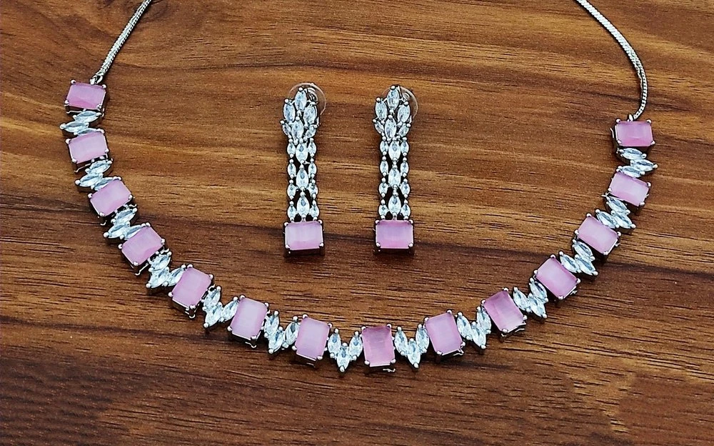 American Diamond Chokar Anshi Art AD Stone V Shape Necklace Set