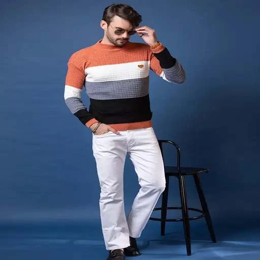 Wear lusso Mens Striped Round Mustard Winter Wear Casual Sweater