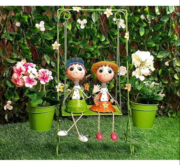 Boy Girl On Swing Metal planter