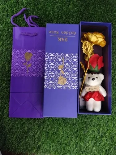 24k Gold Rose With Teddy And Flower